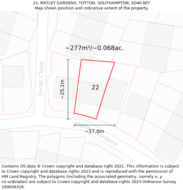 22, MATLEY GARDENS, TOTTON, SOUTHAMPTON, SO40 8EY: Plot and title map