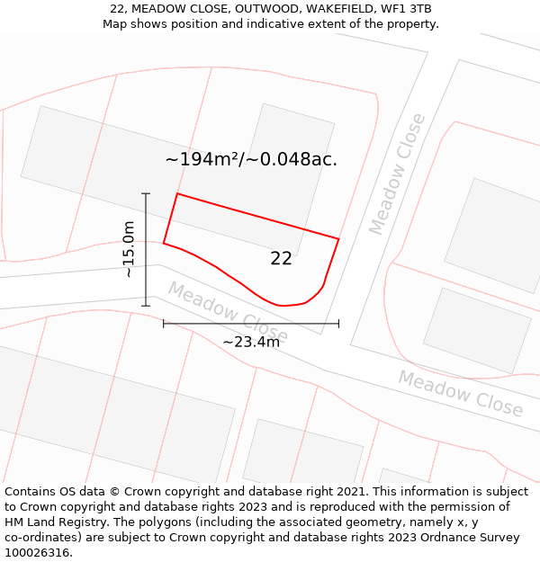 22, MEADOW CLOSE, OUTWOOD, WAKEFIELD, WF1 3TB: Plot and title map