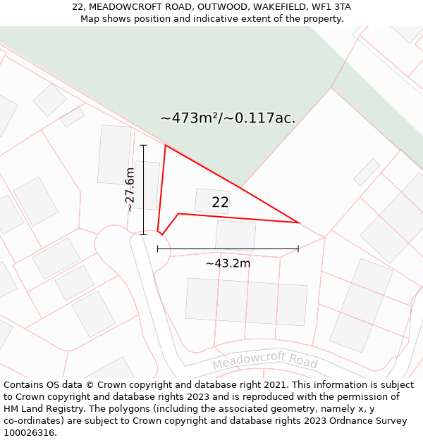 22, MEADOWCROFT ROAD, OUTWOOD, WAKEFIELD, WF1 3TA: Plot and title map