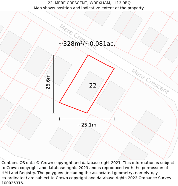 22, MERE CRESCENT, WREXHAM, LL13 9RQ: Plot and title map