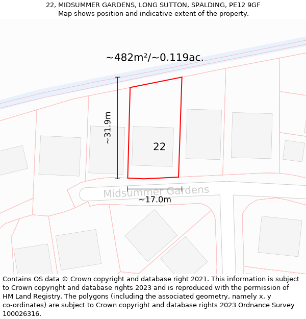 22, MIDSUMMER GARDENS, LONG SUTTON, SPALDING, PE12 9GF: Plot and title map