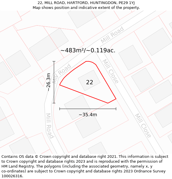 22, MILL ROAD, HARTFORD, HUNTINGDON, PE29 1YJ: Plot and title map