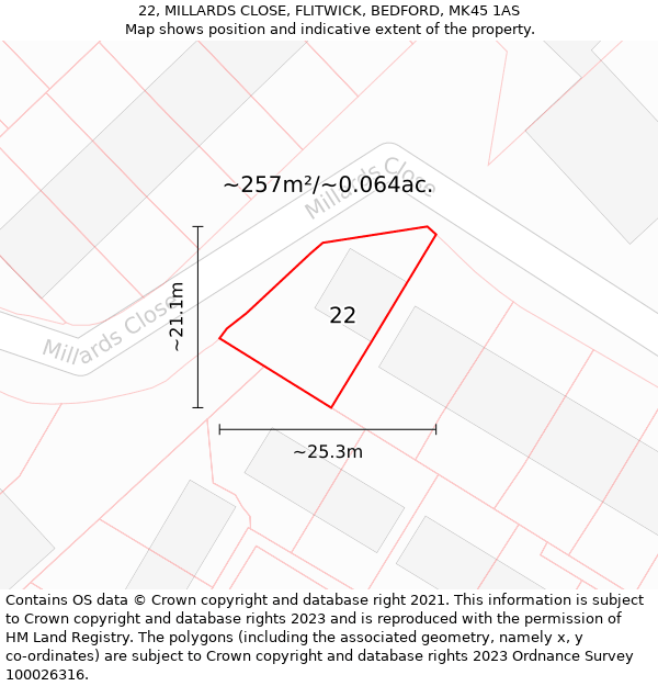 22, MILLARDS CLOSE, FLITWICK, BEDFORD, MK45 1AS: Plot and title map