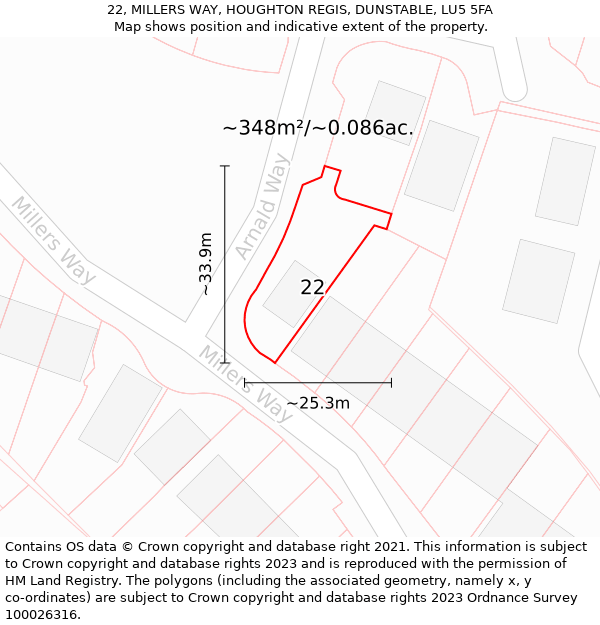 22, MILLERS WAY, HOUGHTON REGIS, DUNSTABLE, LU5 5FA: Plot and title map