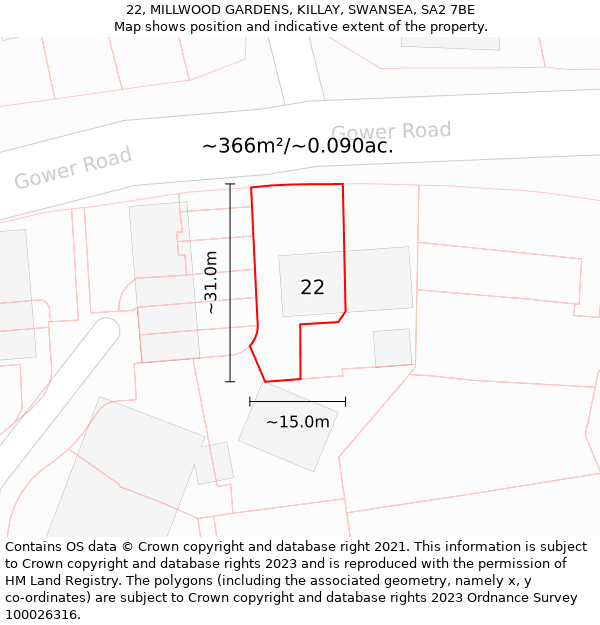 22, MILLWOOD GARDENS, KILLAY, SWANSEA, SA2 7BE: Plot and title map