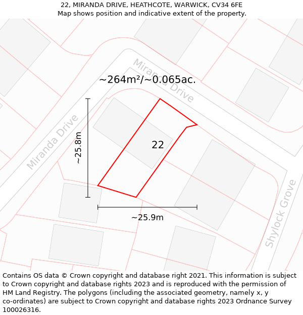 22, MIRANDA DRIVE, HEATHCOTE, WARWICK, CV34 6FE: Plot and title map