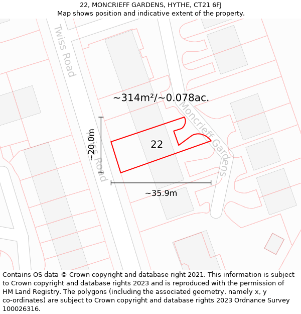 22, MONCRIEFF GARDENS, HYTHE, CT21 6FJ: Plot and title map