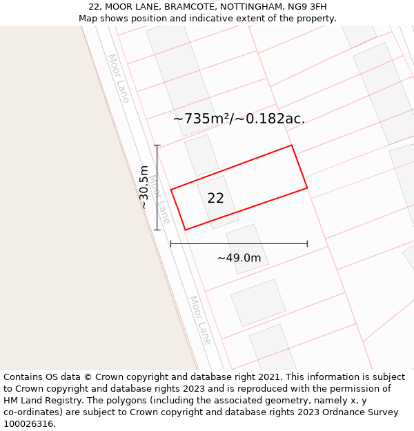 22, MOOR LANE, BRAMCOTE, NOTTINGHAM, NG9 3FH: Plot and title map