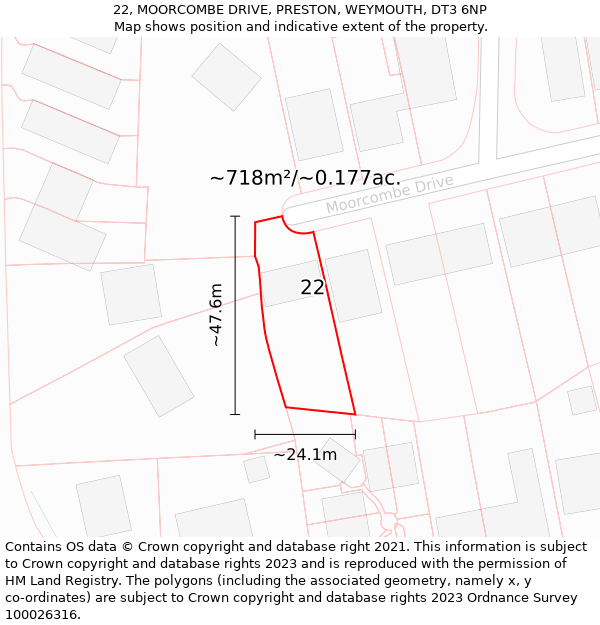 22, MOORCOMBE DRIVE, PRESTON, WEYMOUTH, DT3 6NP: Plot and title map