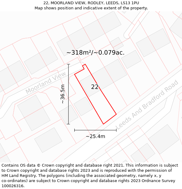 22, MOORLAND VIEW, RODLEY, LEEDS, LS13 1PU: Plot and title map