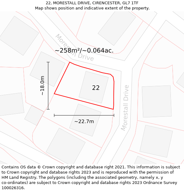 22, MORESTALL DRIVE, CIRENCESTER, GL7 1TF: Plot and title map