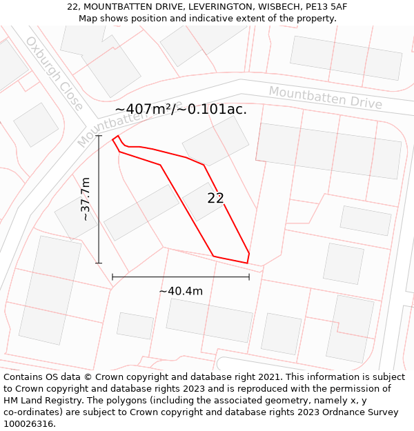 22, MOUNTBATTEN DRIVE, LEVERINGTON, WISBECH, PE13 5AF: Plot and title map