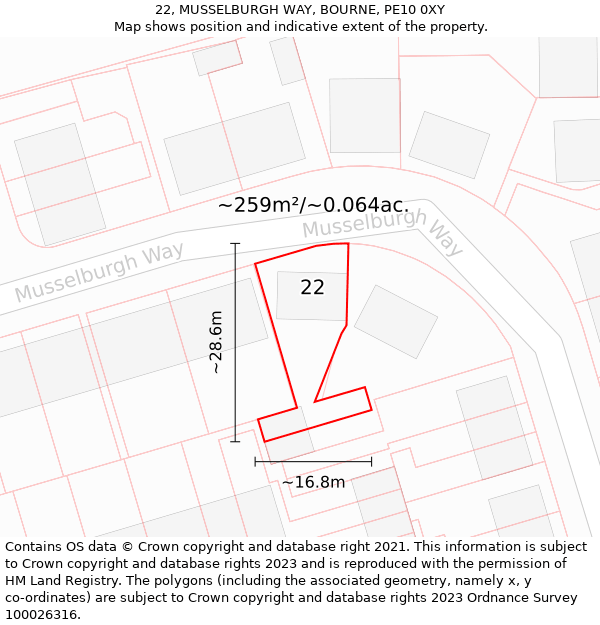 22, MUSSELBURGH WAY, BOURNE, PE10 0XY: Plot and title map