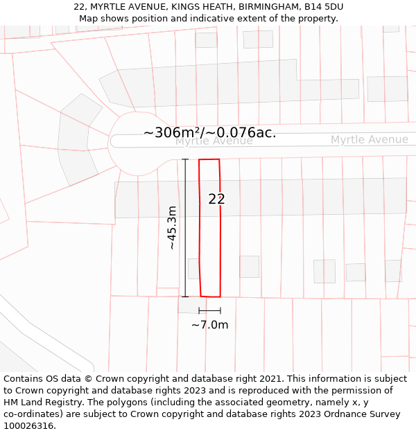 22, MYRTLE AVENUE, KINGS HEATH, BIRMINGHAM, B14 5DU: Plot and title map