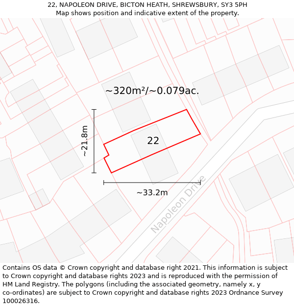 22, NAPOLEON DRIVE, BICTON HEATH, SHREWSBURY, SY3 5PH: Plot and title map