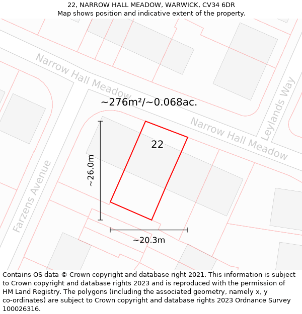 22, NARROW HALL MEADOW, WARWICK, CV34 6DR: Plot and title map