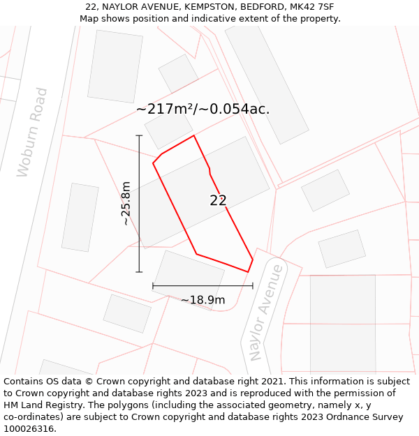 22, NAYLOR AVENUE, KEMPSTON, BEDFORD, MK42 7SF: Plot and title map