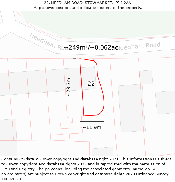 22, NEEDHAM ROAD, STOWMARKET, IP14 2AN: Plot and title map