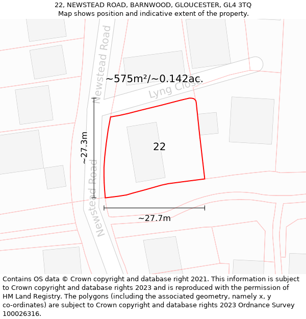 22, NEWSTEAD ROAD, BARNWOOD, GLOUCESTER, GL4 3TQ: Plot and title map