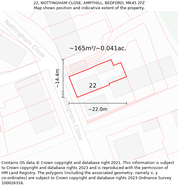 22, NOTTINGHAM CLOSE, AMPTHILL, BEDFORD, MK45 2FZ: Plot and title map