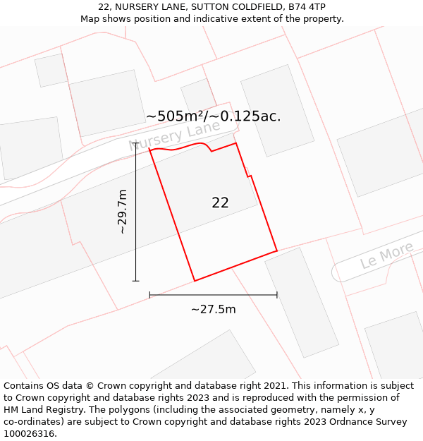 22, NURSERY LANE, SUTTON COLDFIELD, B74 4TP: Plot and title map