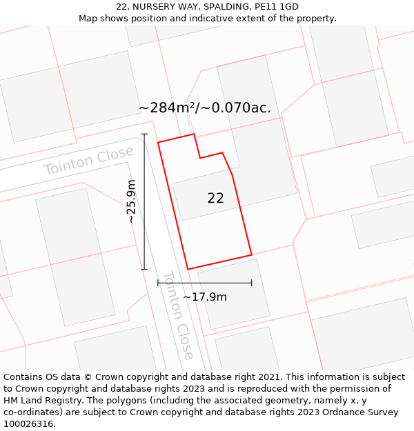 22, NURSERY WAY, SPALDING, PE11 1GD: Plot and title map