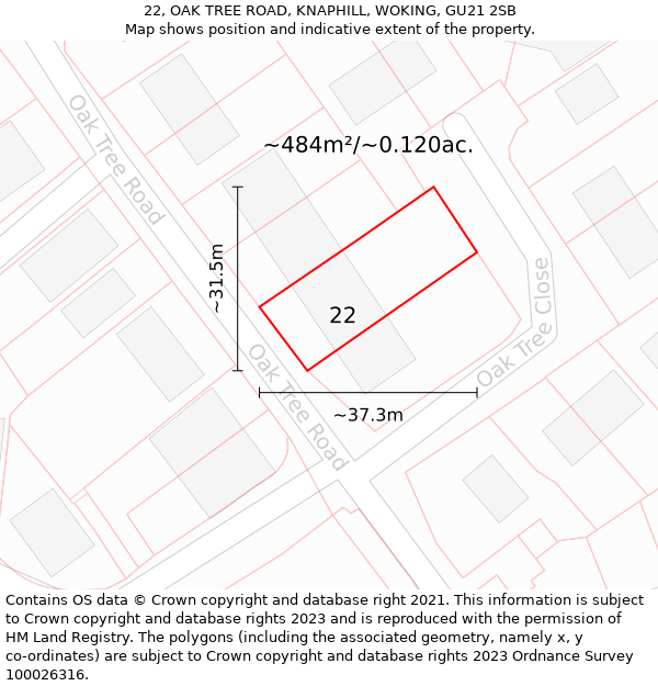 22, OAK TREE ROAD, KNAPHILL, WOKING, GU21 2SB: Plot and title map