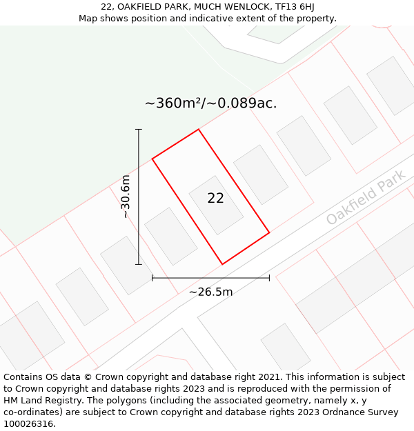 22, OAKFIELD PARK, MUCH WENLOCK, TF13 6HJ: Plot and title map