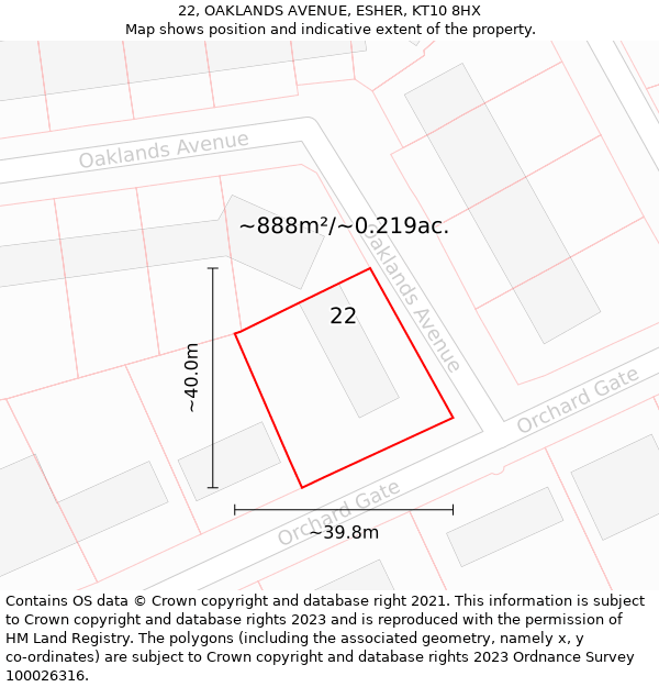 22, OAKLANDS AVENUE, ESHER, KT10 8HX: Plot and title map