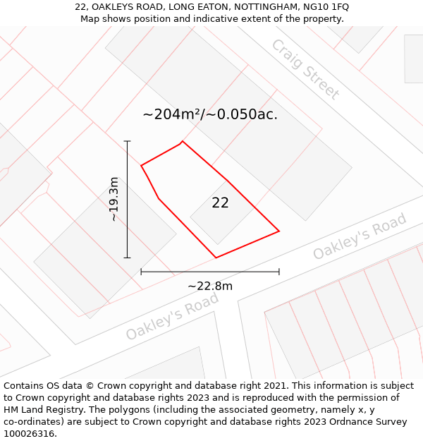 22, OAKLEYS ROAD, LONG EATON, NOTTINGHAM, NG10 1FQ: Plot and title map