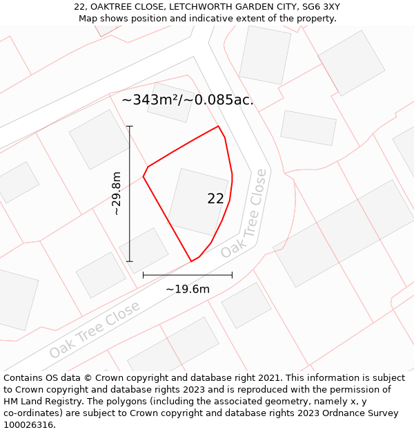 22, OAKTREE CLOSE, LETCHWORTH GARDEN CITY, SG6 3XY: Plot and title map