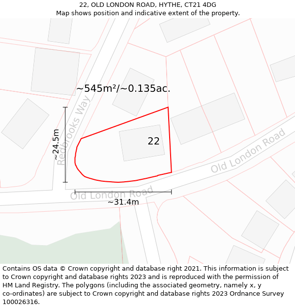 22, OLD LONDON ROAD, HYTHE, CT21 4DG: Plot and title map