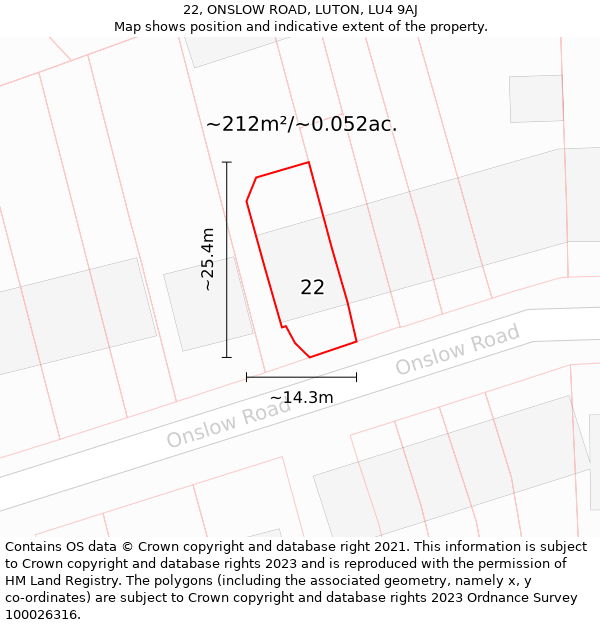 22, ONSLOW ROAD, LUTON, LU4 9AJ: Plot and title map
