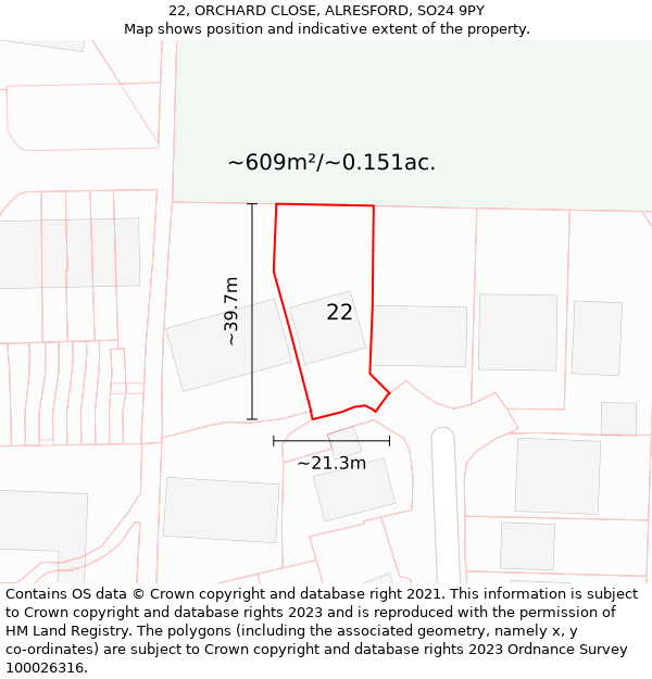 22, ORCHARD CLOSE, ALRESFORD, SO24 9PY: Plot and title map