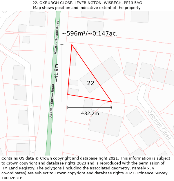 22, OXBURGH CLOSE, LEVERINGTON, WISBECH, PE13 5AG: Plot and title map