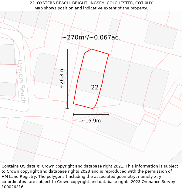 22, OYSTERS REACH, BRIGHTLINGSEA, COLCHESTER, CO7 0HY: Plot and title map