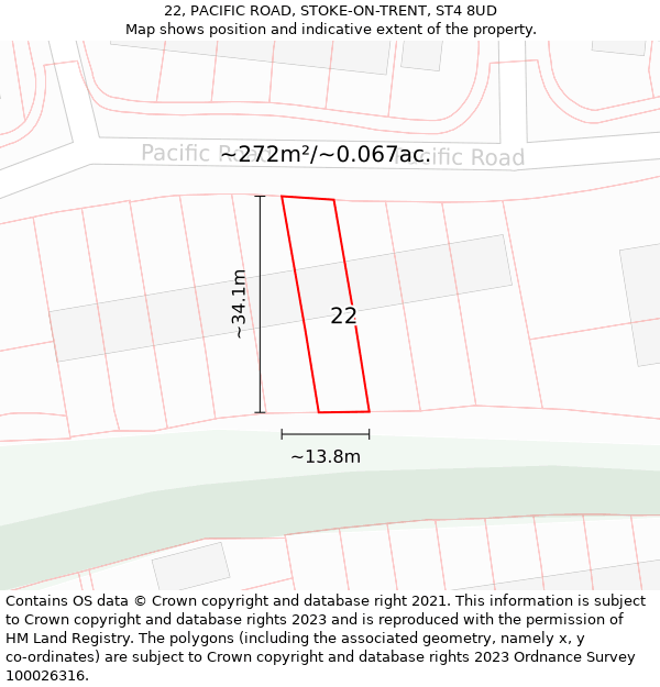 22, PACIFIC ROAD, STOKE-ON-TRENT, ST4 8UD: Plot and title map