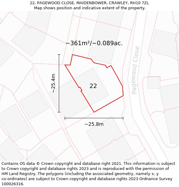 22, PAGEWOOD CLOSE, MAIDENBOWER, CRAWLEY, RH10 7ZL: Plot and title map