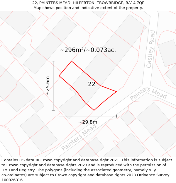 22, PAINTERS MEAD, HILPERTON, TROWBRIDGE, BA14 7QF: Plot and title map