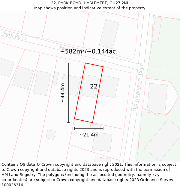 22, PARK ROAD, HASLEMERE, GU27 2NL: Plot and title map