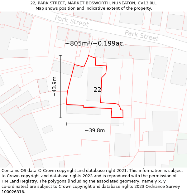 22, PARK STREET, MARKET BOSWORTH, NUNEATON, CV13 0LL: Plot and title map