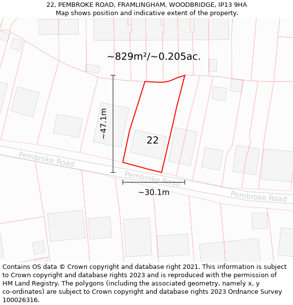 22, PEMBROKE ROAD, FRAMLINGHAM, WOODBRIDGE, IP13 9HA: Plot and title map