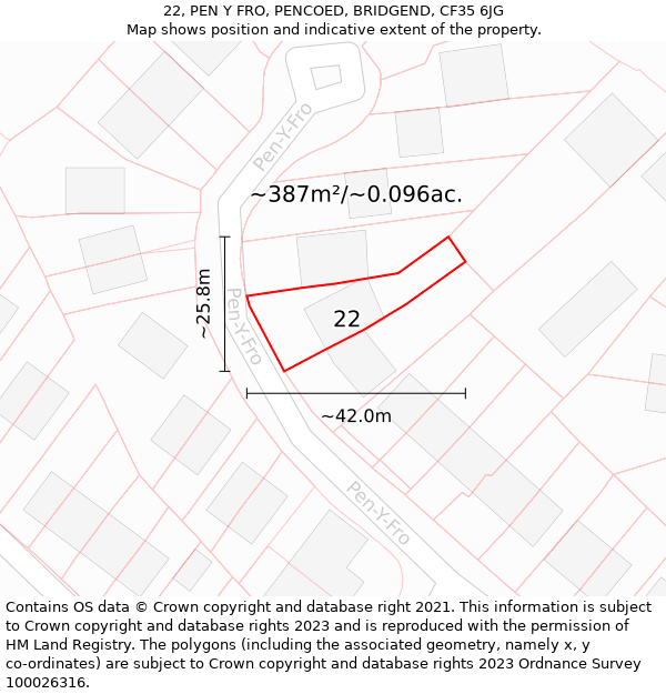 22, PEN Y FRO, PENCOED, BRIDGEND, CF35 6JG: Plot and title map