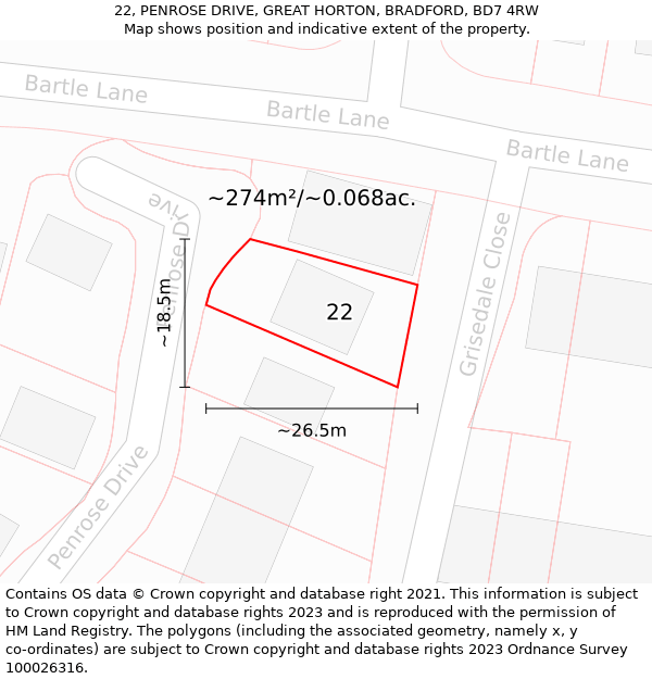 22, PENROSE DRIVE, GREAT HORTON, BRADFORD, BD7 4RW: Plot and title map