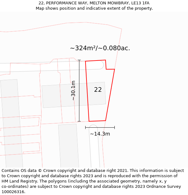 22, PERFORMANCE WAY, MELTON MOWBRAY, LE13 1FA: Plot and title map