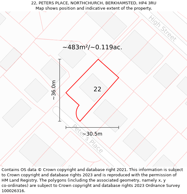 22, PETERS PLACE, NORTHCHURCH, BERKHAMSTED, HP4 3RU: Plot and title map