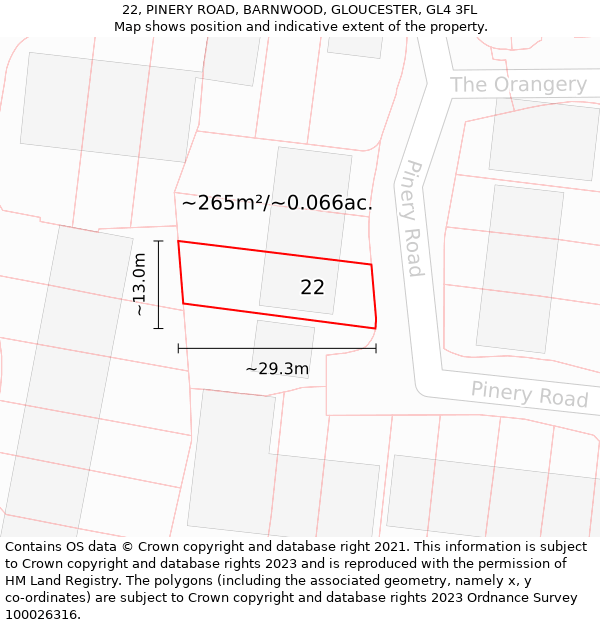 22, PINERY ROAD, BARNWOOD, GLOUCESTER, GL4 3FL: Plot and title map