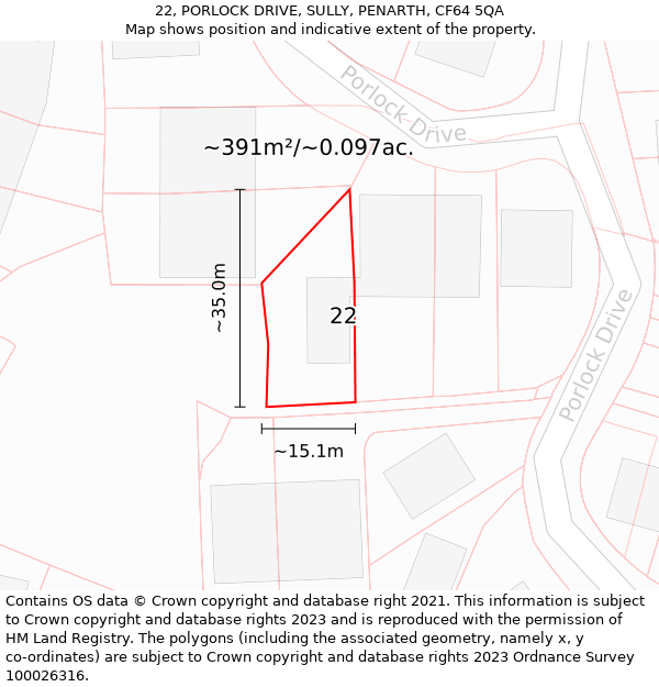 22, PORLOCK DRIVE, SULLY, PENARTH, CF64 5QA: Plot and title map