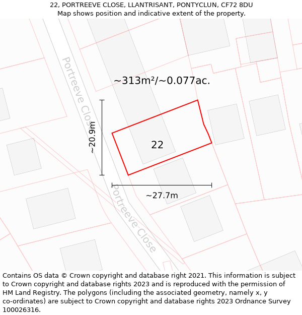 22, PORTREEVE CLOSE, LLANTRISANT, PONTYCLUN, CF72 8DU: Plot and title map