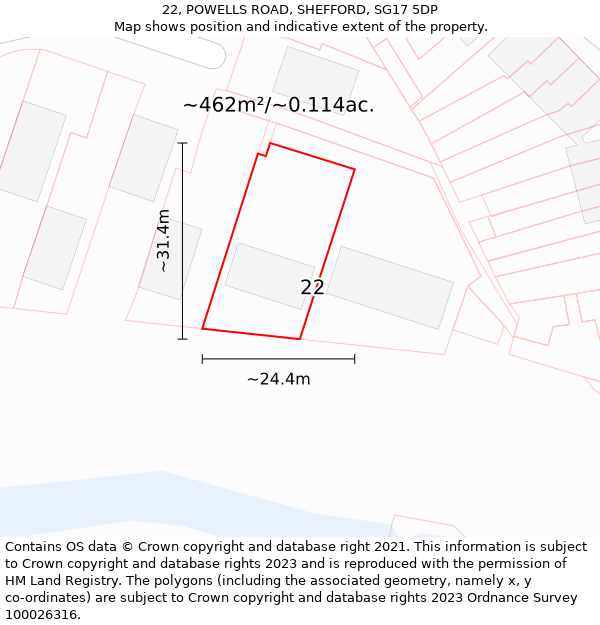 22, POWELLS ROAD, SHEFFORD, SG17 5DP: Plot and title map